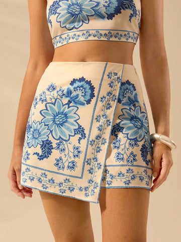 CAJUNI Women's Boho Tropical Floral Print Shorts, Blue Color, Casual Holiday Summer Hotpants