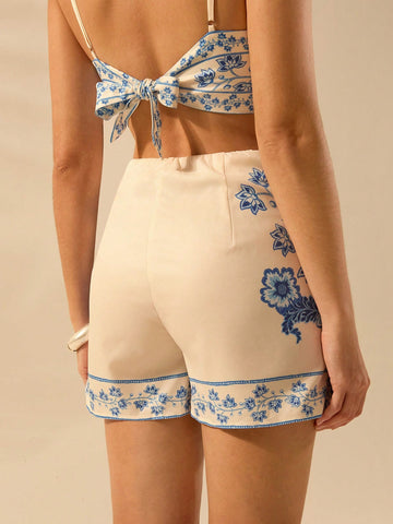 CAJUNI Women's Boho Tropical Floral Print Shorts, Blue Color, Casual Holiday Summer Hotpants