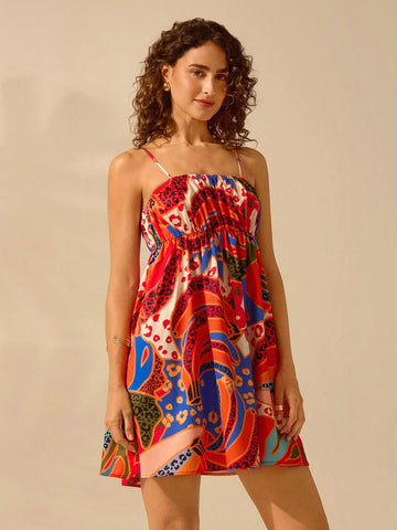 CAJUNI Women's Boho Tropical Floral Print, Sleeveless Criss-Cross Ruched Bust Mini Sun Dress, Casual Beach Holiday Summer Mini Sundress