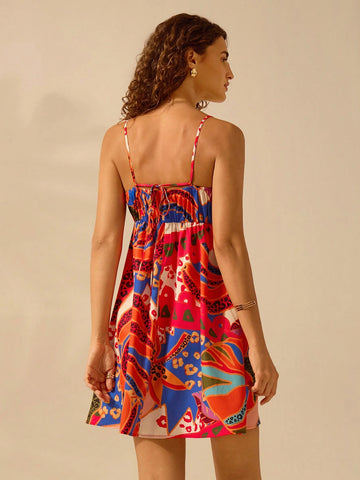 CAJUNI Women's Boho Tropical Floral Print, Sleeveless Criss-Cross Ruched Bust Mini Sun Dress, Casual Beach Holiday Summer Mini Sundress