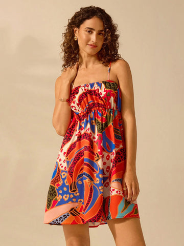 CAJUNI Women's Boho Tropical Floral Print, Sleeveless Criss-Cross Ruched Bust Mini Sun Dress, Casual Beach Holiday Summer Mini Sundress