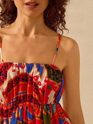 CAJUNI Women's Boho Tropical Floral Print, Sleeveless Criss-Cross Ruched Bust Mini Sun Dress, Casual Beach Holiday Summer Mini Sundress