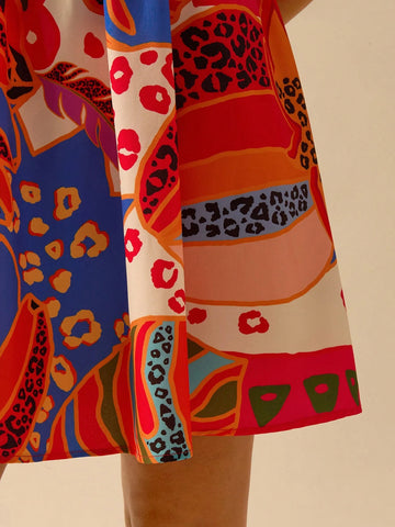 CAJUNI Women's Boho Tropical Floral Print, Sleeveless Criss-Cross Ruched Bust Mini Sun Dress, Casual Beach Holiday Summer Mini Sundress