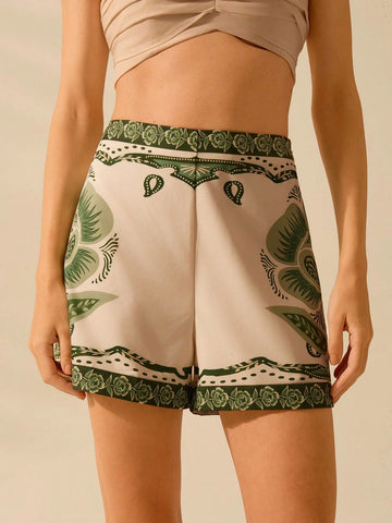 CAJUNI Women's Boho Tropical Flowers Green Print Shorts, Vacation Casual Summer Beach Shorts
