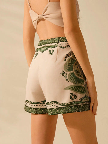 CAJUNI Women's Boho Tropical Flowers Green Print Shorts, Vacation Casual Summer Beach Shorts