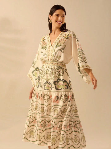 CAJUNI Women's Boho Tropical Hibiscus, Coconut Tree, Snake Plant Print Vacation Casual Beach Loose Fit Skirt