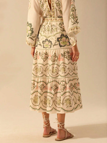 CAJUNI Women's Boho Tropical Hibiscus, Coconut Tree, Snake Plant Print Vacation Casual Beach Loose Fit Skirt