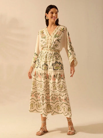 CAJUNI Women's Boho Tropical Hibiscus, Coconut Tree, Snake Plant Print Vacation Casual Beach Loose Fit Skirt