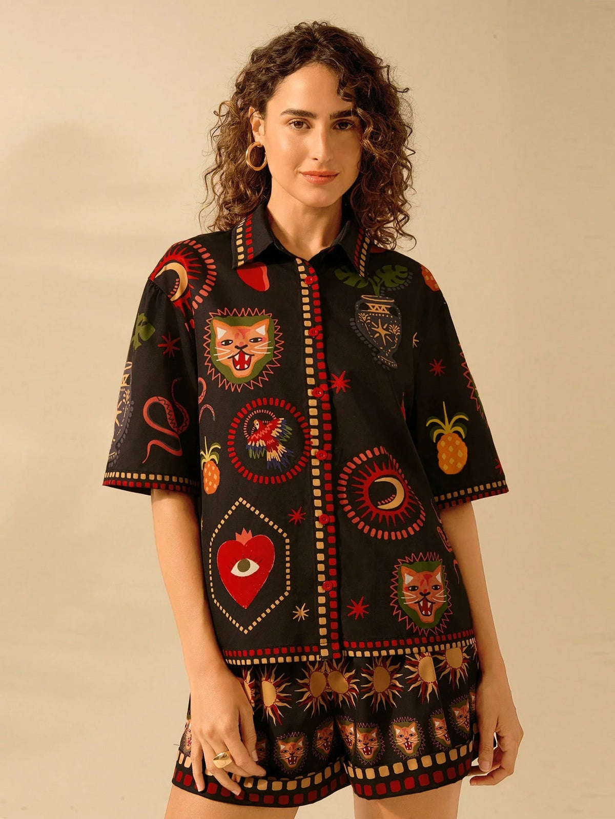 Women's Boho Tropical Leopard, Turtle Back Bamboo, Devil's Eye, Snake And Bird Print, Casual Holiday Beach Summer Black Shirt