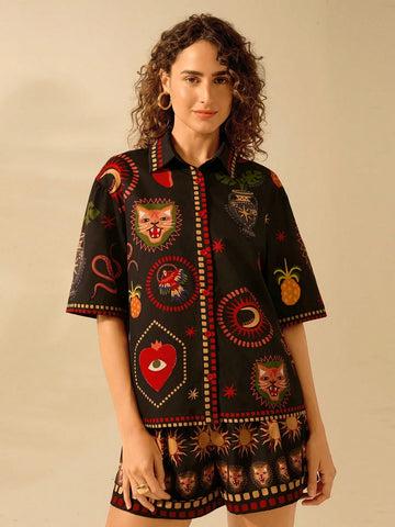 Women's Boho Tropical Leopard, Turtle Back Bamboo, Devil's Eye, Snake And Bird Print, Casual Holiday Beach Summer Black Shirt