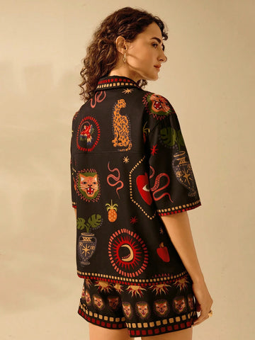 Women's Boho Tropical Leopard, Turtle Back Bamboo, Devil's Eye, Snake And Bird Print, Casual Holiday Beach Summer Black Shirt