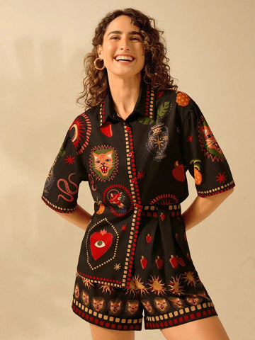 Women's Boho Tropical Leopard, Turtle Back Bamboo, Devil's Eye, Snake And Bird Print, Casual Holiday Beach Summer Black Shirt