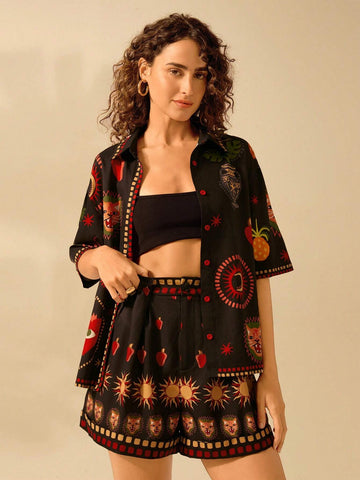 Women's Boho Tropical Leopard, Turtle Back Bamboo, Devil's Eye, Snake And Bird Print, Casual Holiday Beach Summer Black Shirt