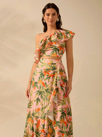 CAJUNI Women's Boho Tropical Plant Print Asymmetrical Flounce Pink Skirt,Vacation Casual Summer Beach Skirt