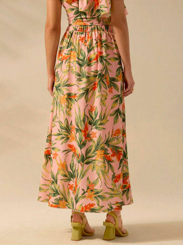 CAJUNI Women's Boho Tropical Plant Print Asymmetrical Flounce Pink Skirt,Vacation Casual Summer Beach Skirt