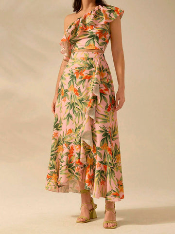 CAJUNI Women's Boho Tropical Plant Print Asymmetrical Flounce Pink Skirt,Vacation Casual Summer Beach Skirt