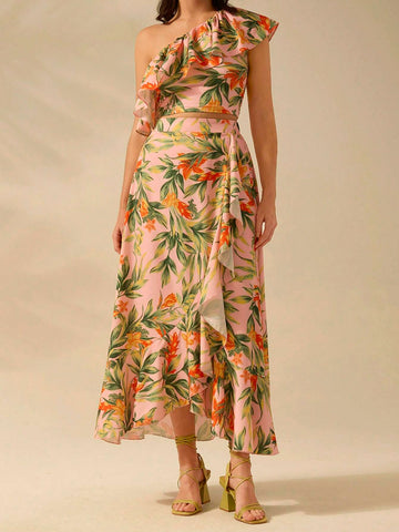 CAJUNI Women's Boho Tropical Plant Print Asymmetrical Flounce Pink Skirt,Vacation Casual Summer Beach Skirt