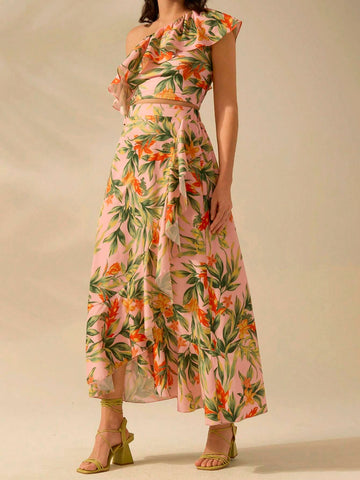 CAJUNI Women's Boho Tropical Plant Print Asymmetrical Flounce Pink Skirt,Vacation Casual Summer Beach Skirt