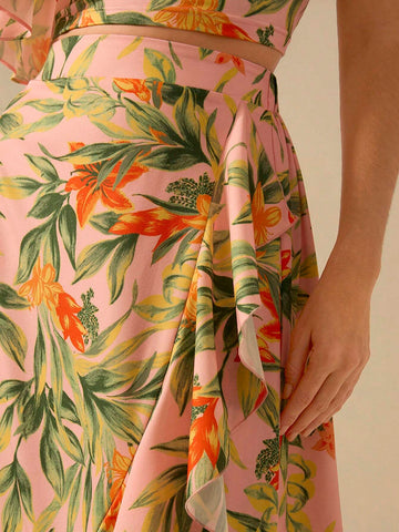 CAJUNI Women's Boho Tropical Plant Print Asymmetrical Flounce Pink Skirt,Vacation Casual Summer Beach Skirt