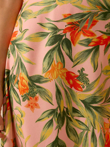 CAJUNI Women's Boho Tropical Plant Print Asymmetrical Flounce Pink Skirt,Vacation Casual Summer Beach Skirt