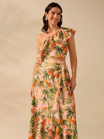 CAJUNI Women's Boho Tropical Plant Print Asymmetrical Flounce Pink Skirt,Vacation Casual Summer Beach Skirt