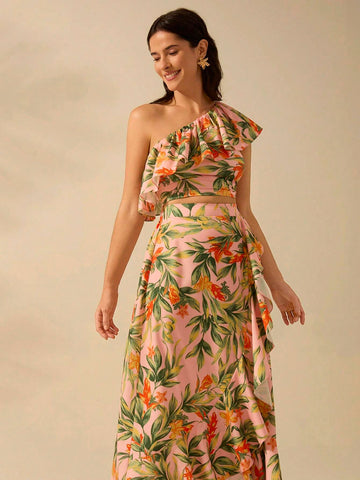 CAJUNI Women's Boho Tropical Plant Print Asymmetrical Flounce Pink Skirt,Vacation Casual Summer Beach Skirt