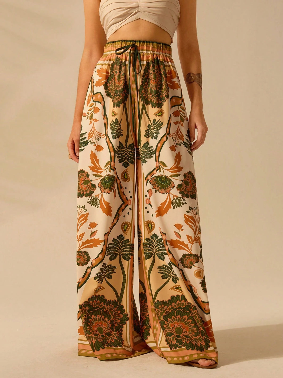 CAJUNI Women's Boho Tropical Plant Print Casual Wide Leg Palazzo Pants, Suitable For Resort, Beach, Summer