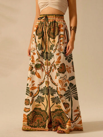 CAJUNI Women's Boho Tropical Plant Print Casual Wide Leg Palazzo Pants, Suitable For Resort, Beach, Summer