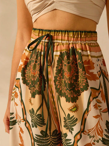 CAJUNI Women's Boho Tropical Plant Print Casual Wide Leg Palazzo Pants, Suitable For Resort, Beach, Summer