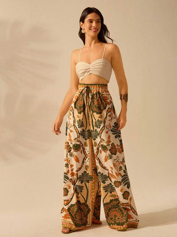 CAJUNI Women's Boho Tropical Plant Print Casual Wide Leg Palazzo Pants, Suitable For Resort, Beach, Summer