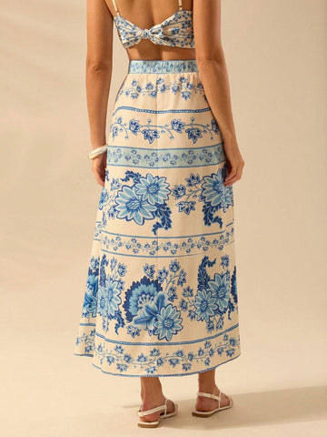 CAJUNI Women's Boho Tropical Plant & Floral Blue Print Umbrella Skirt, Vacation Casual Summer Skirt