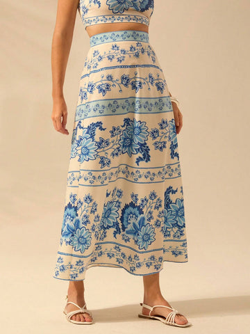 CAJUNI Women's Boho Tropical Plant & Floral Blue Print Umbrella Skirt, Vacation Casual Summer Skirt