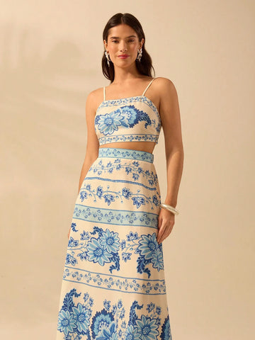 CAJUNI Women's Boho Tropical Plant & Floral Blue Print Umbrella Skirt, Vacation Casual Summer Skirt