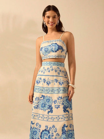 CAJUNI Women's Boho Tropical Plant & Floral Blue Print Umbrella Skirt, Vacation Casual Summer Skirt