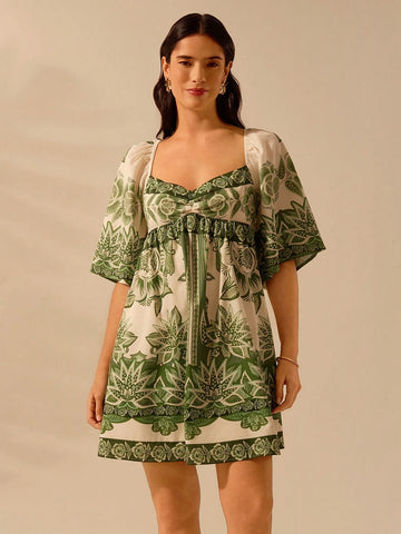 CAJUNI Women's Boho Tropical Plants Green Print, Asymmetric Neckline Flare Sleeve Short Casual Dress, Vacation Summer Dress