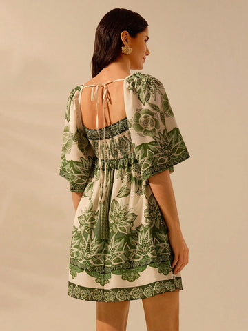 CAJUNI Women's Boho Tropical Plants Green Print, Asymmetric Neckline Flare Sleeve Short Casual Dress, Vacation Summer Dress