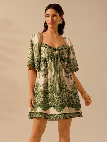 CAJUNI Women's Boho Tropical Plants Green Print, Asymmetric Neckline Flare Sleeve Short Casual Dress, Vacation Summer Dress