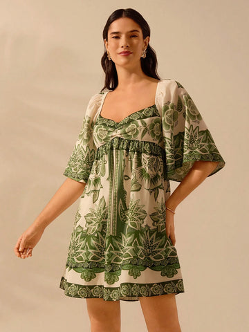 CAJUNI Women's Boho Tropical Plants Green Print, Asymmetric Neckline Flare Sleeve Short Casual Dress, Vacation Summer Dress