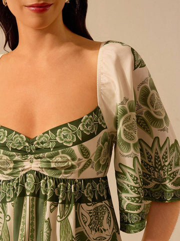 CAJUNI Women's Boho Tropical Plants Green Print, Asymmetric Neckline Flare Sleeve Short Casual Dress, Vacation Summer Dress