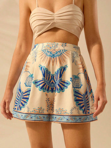 CAJUNI Women's Boho Tropical Print Casual Holiday Beach Micro Shorts, Summer