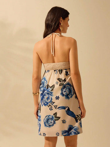 CAJUNI Women's Boho Tropical Print Holiday Casual Summer Beach Tie-Up Halter Hollow Out Short Dress