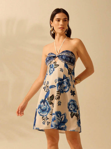 CAJUNI Women's Boho Tropical Print Holiday Casual Summer Beach Tie-Up Halter Hollow Out Short Dress