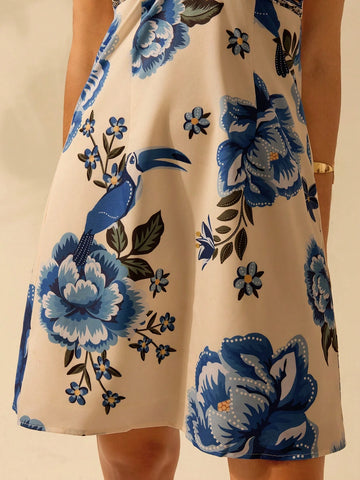 CAJUNI Women's Boho Tropical Print Holiday Casual Summer Beach Tie-Up Halter Hollow Out Short Dress