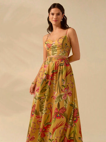 CAJUNI Women's Boho Tropical Print Maxi Skirt, Vacation Casual Summer