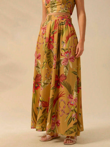 CAJUNI Women's Boho Tropical Print Maxi Skirt, Vacation Casual Summer