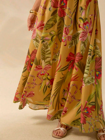 CAJUNI Women's Boho Tropical Print Maxi Skirt, Vacation Casual Summer