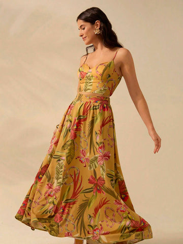 CAJUNI Women's Boho Tropical Print Maxi Skirt, Vacation Casual Summer