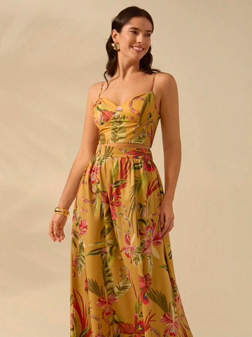 CAJUNI Women's Boho Tropical Print Maxi Skirt, Vacation Casual Summer