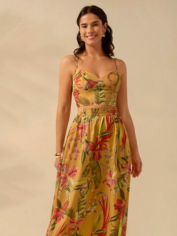 CAJUNI Women's Boho Tropical Print Maxi Skirt, Vacation Casual Summer