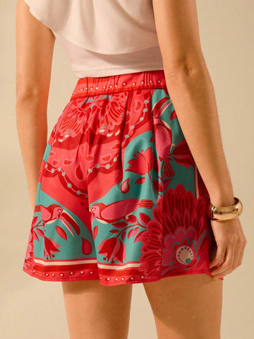 CAJUNI Women's Boho Tropical Red Print Casual Holiday Beach Shorts, Summe